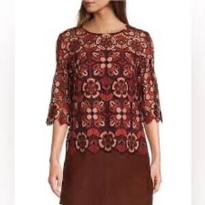 TRINA TURK Embroidered Lace Top 3/4 Sleeve Multicolor Size L retail $268